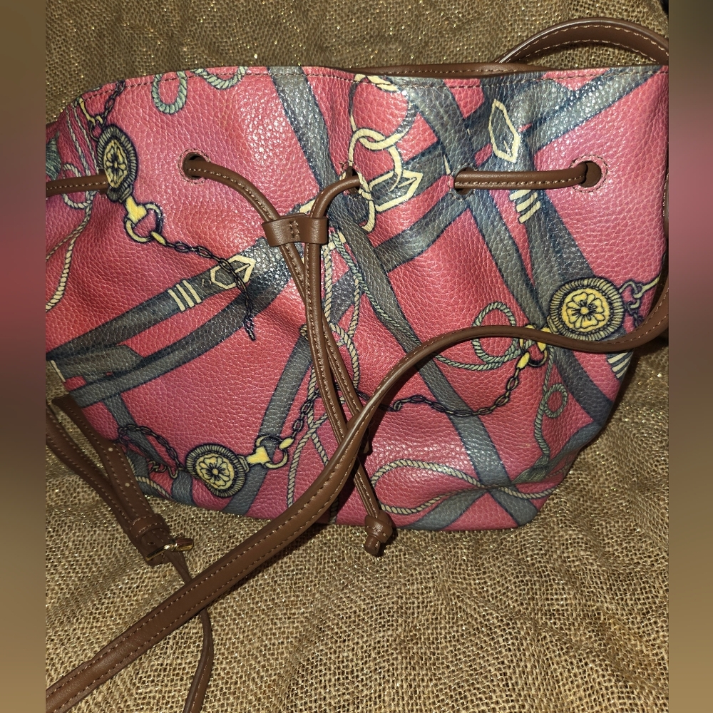 Talbots Equestrian Print Red Pebbled Leather Drawstring Bucket Bag